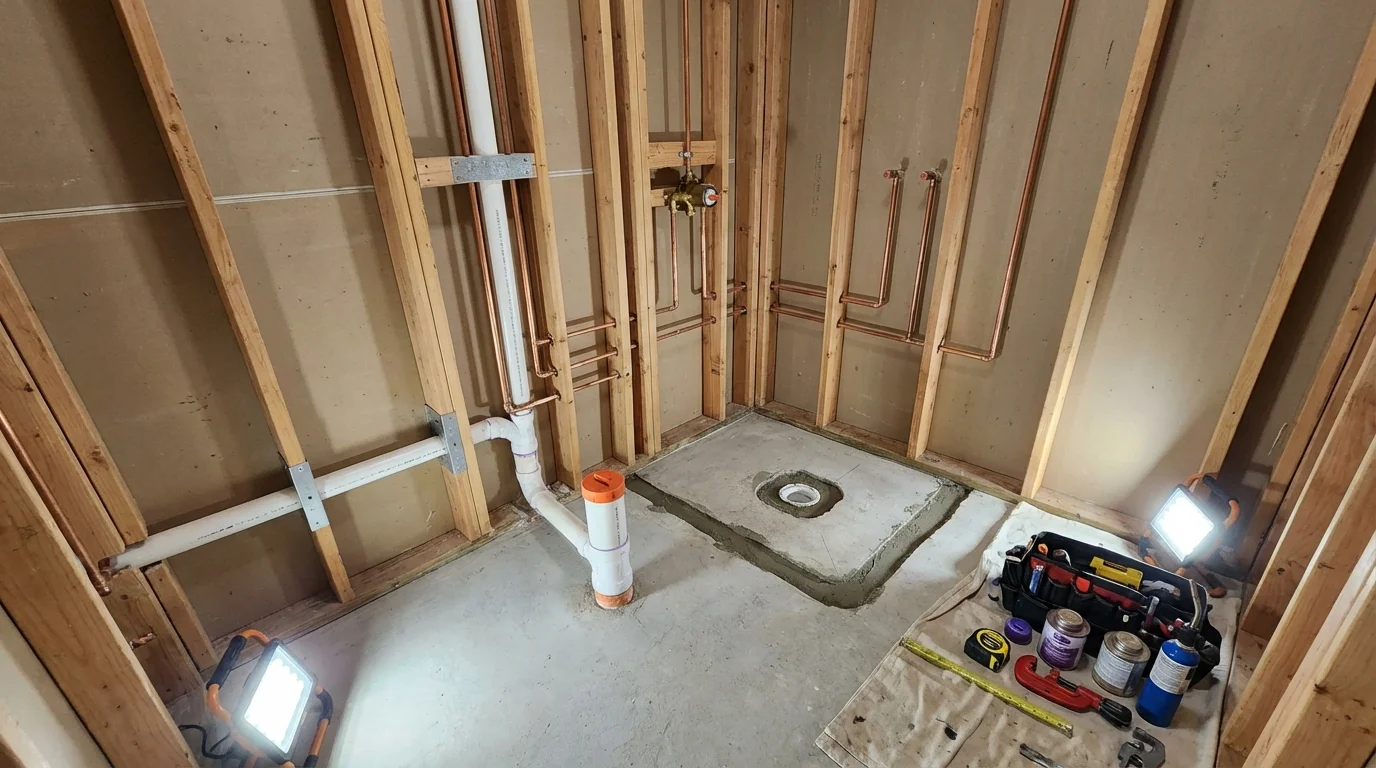 Bathroom rough-in plumbing during remodel by Johns Plumbing LLC in Sheboygan