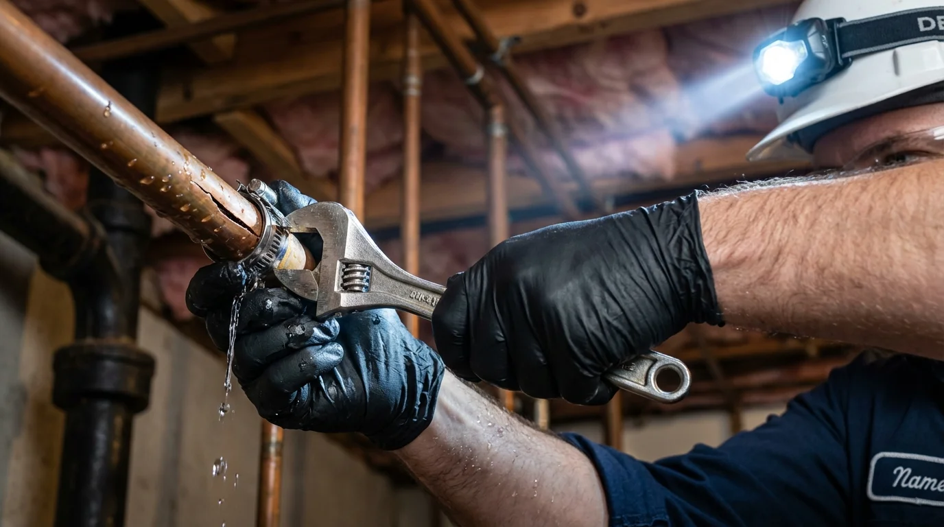 Emergency pipe clamp repair being performed by a Johns Plumbing LLC plumber in Sheboygan