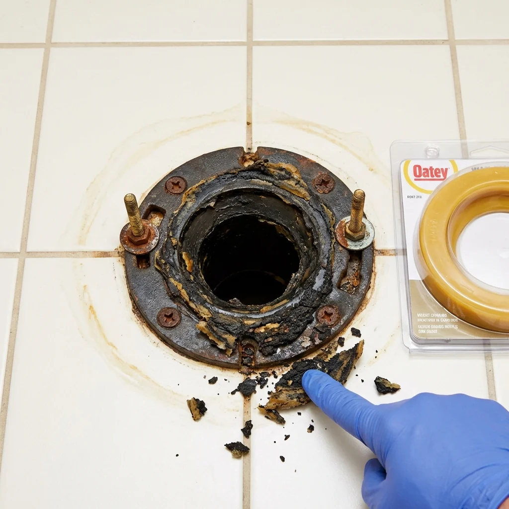 Failed wax ring showing water seepage at the base of a toilet in a Sheboygan, WI home