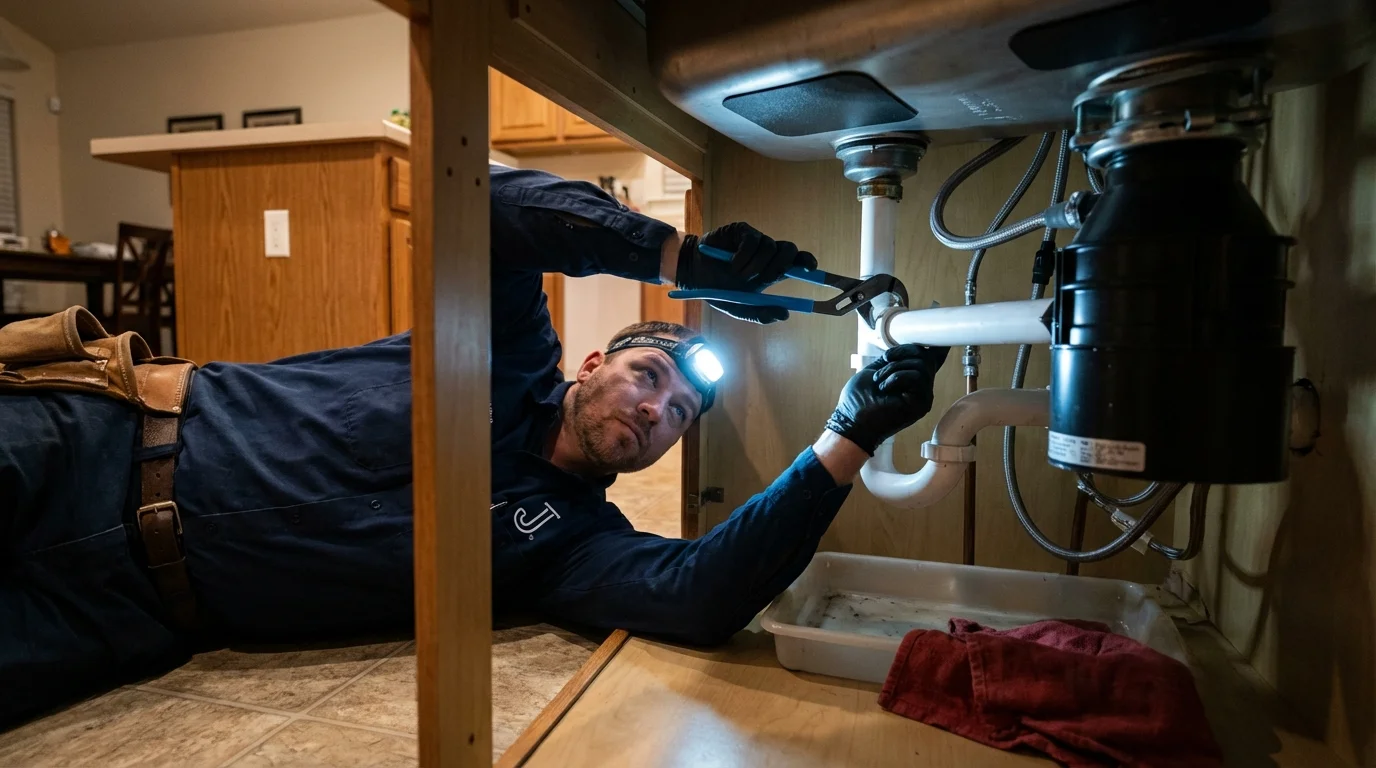 P-trap and supply line connections under a kitchen sink showing a common leak point in Sheboygan, WI